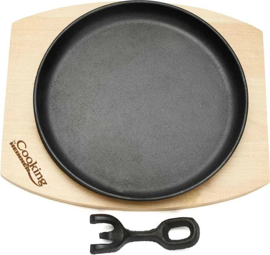 Apvali serviravimo lėkštė, 22 cm, gryno ketaus, su nuimama rankena ir mediniu pagrindu, „Cooking by Heinner“