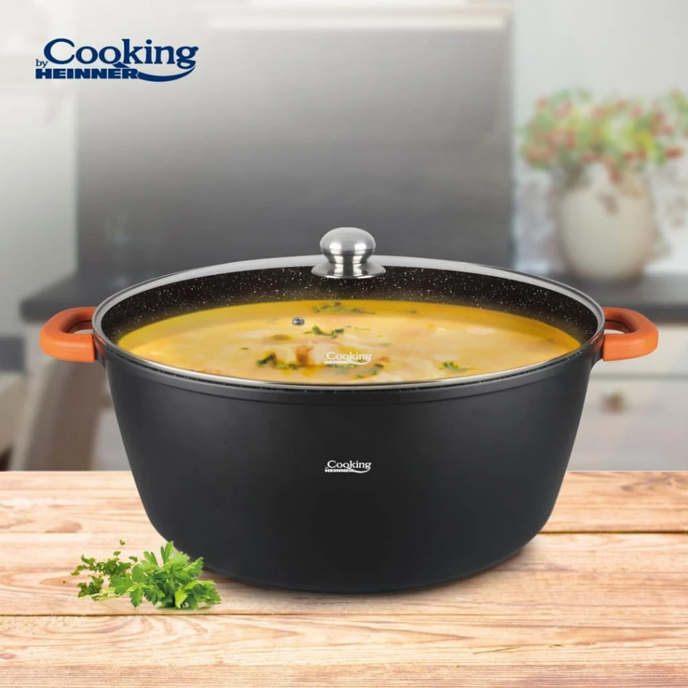 ALIUMINIO PADAŽŲ KEPTUVAS SU DANGTELIU 44X19 CM, 23L, TAMSIOSIOS LINIJOS, „COOKING BY HEINNER“