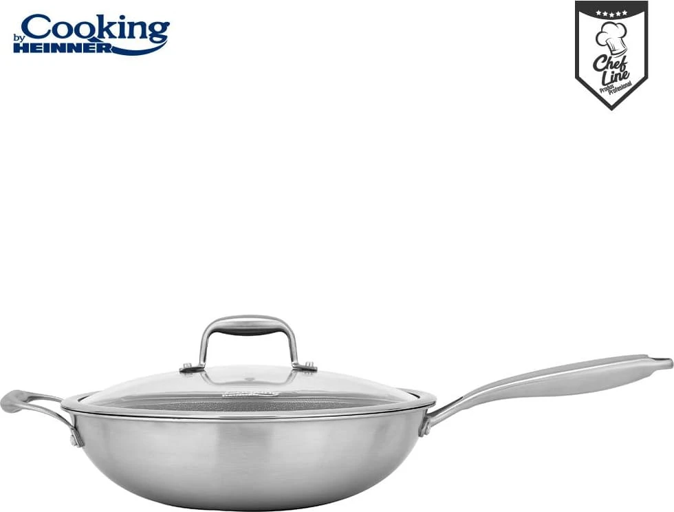 NERŪDIJANČIO PLIENO WOK LINIJA + STIKLINIS DANGTELIS 30X8,5 CM, 4,5 L, TITANIUM 3, COOKING BY HEINNER