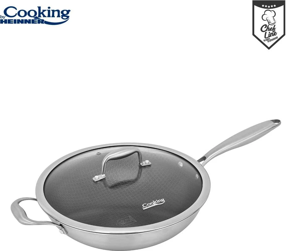 NERŪDIJANČIO PLIENO WOK LINIJA + STIKLINIS DANGTELIS 30X8,5 CM, 4,5 L, TITANIUM 3, COOKING BY HEINNER