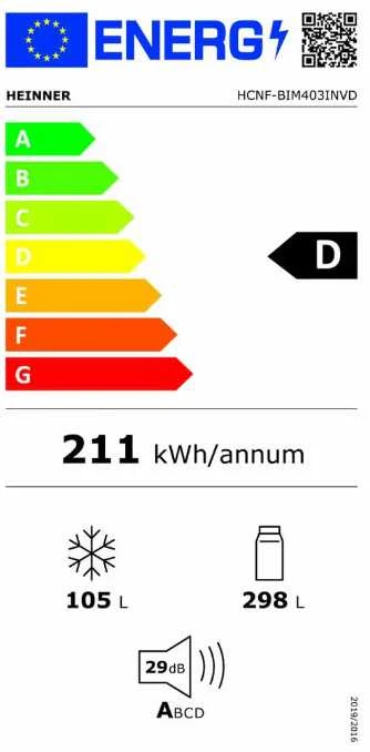 Įmontuojama šaldytuvas Combi HCNF-BIM403INVD HEINNER