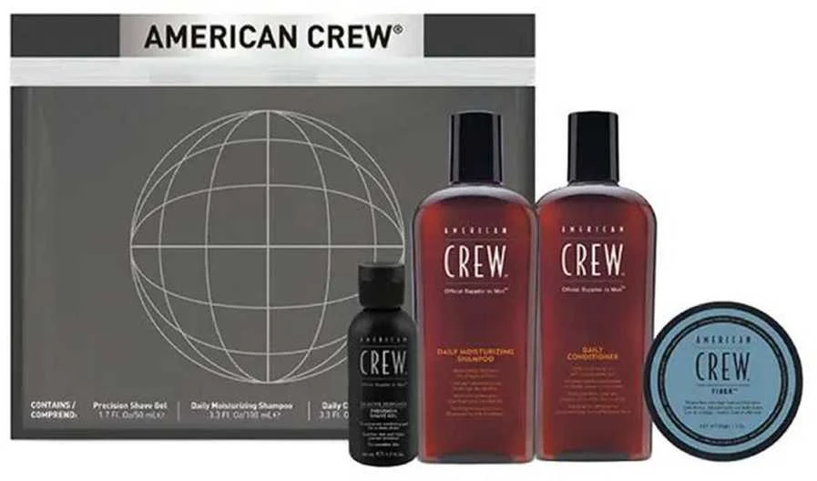 „Essential Set American Crew“ rinkinys: kasdienis drėkinamasis plaukų kondicionierius, 100 ml + kasdienis drėkinimo šampūnas, 100 ml + stiprios fiksacijos plaukų formavimo pomada, 50 ml + raminamasis skutimosi gelis „Precision“, 50 ml