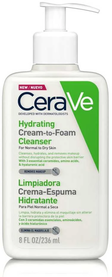 Drėkinamasis putojantis veido ir kūno prausiklis normaliai ir sausai odai Hydrating Cream-to-Foam Cleanser, 236 ml