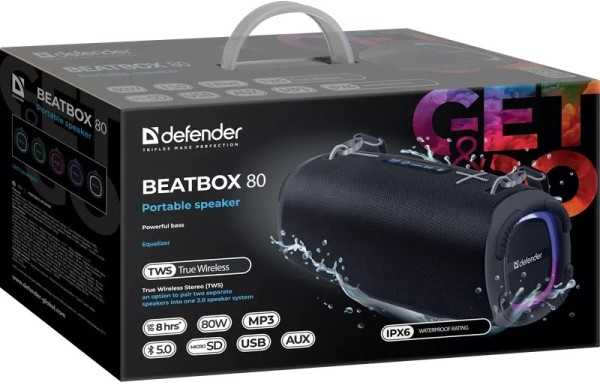 Kompiuterio kolonėlės Defender głośnik BEATBOX 80, Li-Ion, 2.1, 80W, juoda, garsumo valdymas, przenośny, neperšlampamas, zintegrowana baterija, 40Hz~20k