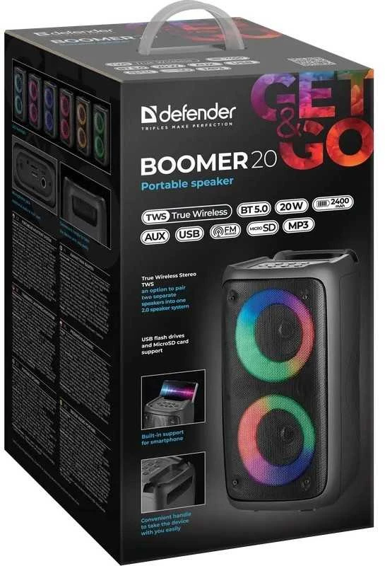Defender Nešiojama kolonėlė BOOMER 20 Bluetooth 20W MP3/FM/SD/USB/AUX/TWS/LED/MIC KARAOKE juoda