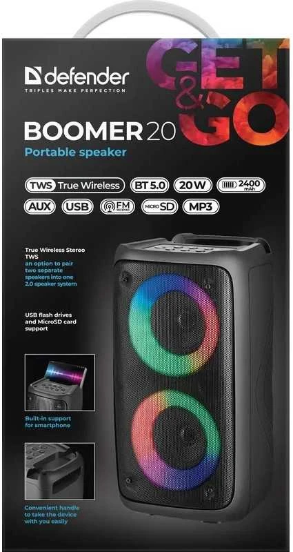 Defender Nešiojama kolonėlė BOOMER 20 Bluetooth 20W MP3/FM/SD/USB/AUX/TWS/LED/MIC KARAOKE juoda