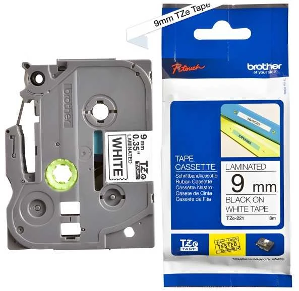 Brother | TZe-221 Laminated Tape | Juodas on Baltas | TZe | 8 m | 9 cm