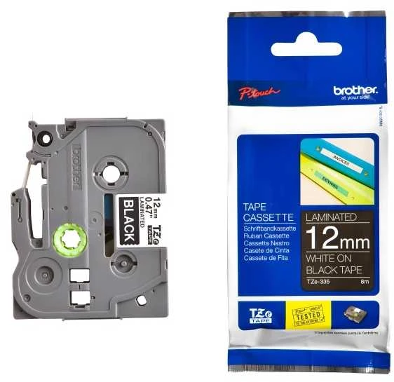 Brother | TZe-335 Laminated Tape | Baltas on Juodas | TZe | 8 m | 1.2 cm