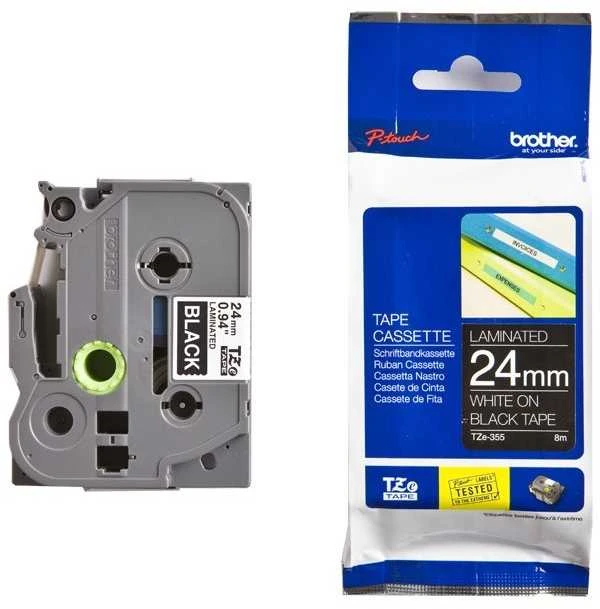 Brother | TZe-355 Laminated Tape | Baltas on Juodas | TZe | 8 m | 2.4 cm