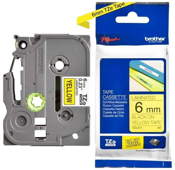 Brother | TZe-611 Laminated Tape | Juodas on Geltona | TZe | 8 m | 6 cm