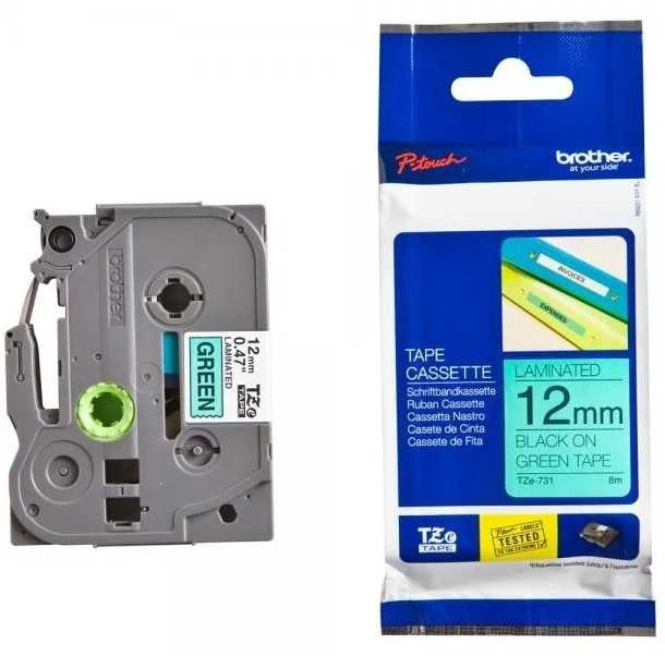 Brother | TZe-731 Laminated Tape | Juodas on Žalias | TZe | 8 m | 1.2 cm