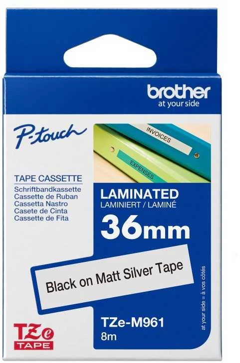 Brother TZe-M961 Metallic Matt Laminated Tape Juodas on Sidabrinis, TZe, 8 m, 3.6 cm