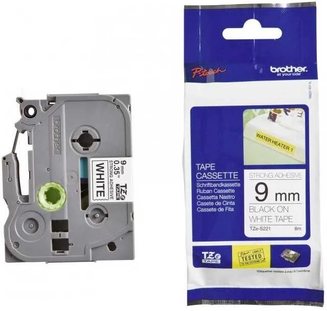 Brother | TZe-S221 Strong Adhesive Laminated Tape | Juodas on Baltas | TZe | 8 m | 9 cm
