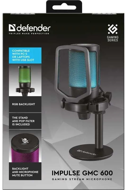 Defender, do streamowania mikrofon, IMPULSE GMC 600, garsumo valdymas, juoda, Podświetlany RGB