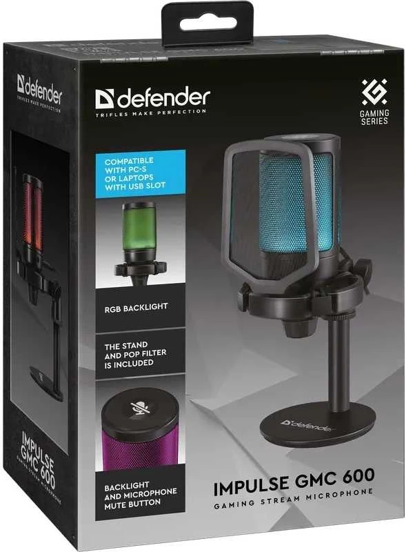 Defender, do streamowania mikrofon, IMPULSE GMC 600, garsumo valdymas, juoda, Podświetlany RGB