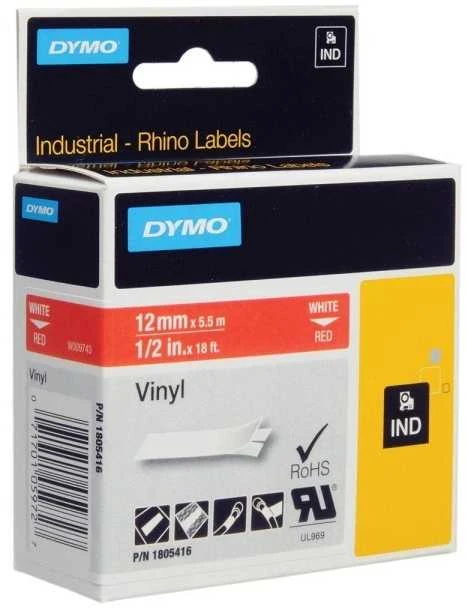 Rhino Professional, žymėjimo juosta, 12mm, baltas tekstas ant raudonos juostos, 5,5 m DYMO / 1805416