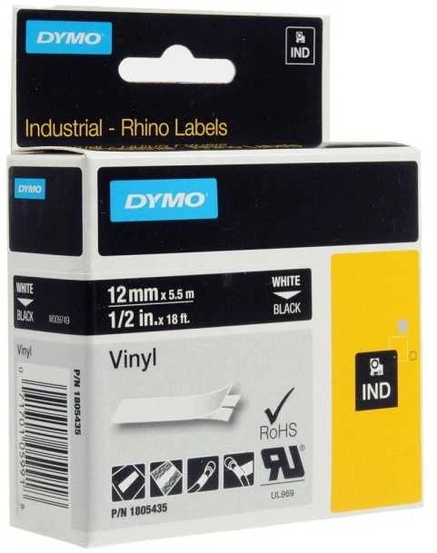DYMO Rhino Professional, pastebima nuolatinė vinilo juosta, 12mm, baltas tekstas ant juodos juostos, 5,5m 1805435
