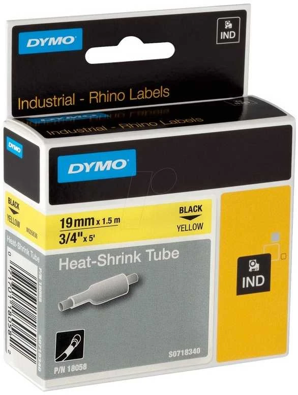 DYMO Rhino Professional, pastebimai susitraukiantis vamzdelis, 19x1,5 mm, juodas tekstas ant geltonos žarnos, 1,5 m, 18058