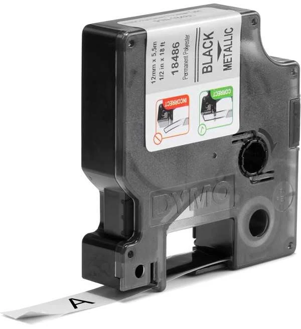 DYMO 18486 RHINO Poliesterio Juostelė 12mm x 5,5m (metalizuota / juodas šifras)