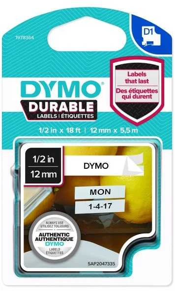 DYMO D1 Patvarus 12 mm x 5,5 M, Juodas ant Balto