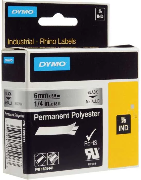 DYMO Rhino Professional, poliesterio juosta, 6 mm, juodas tekstas ant metalinės juostos, 5,5 m 1805441