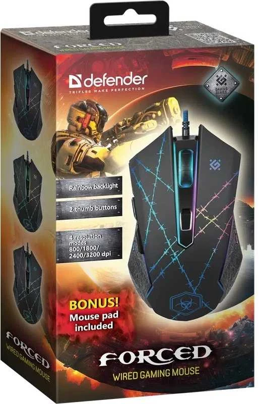 DEFENDER pelė su laidu žaidimams Forced GM-020L, 5 mygtukai 3200dpi, juodas, 52020