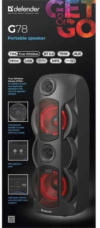 Bluetooth Garsiakalbis - Defender G78 70W Nešiojamas FM Juodas