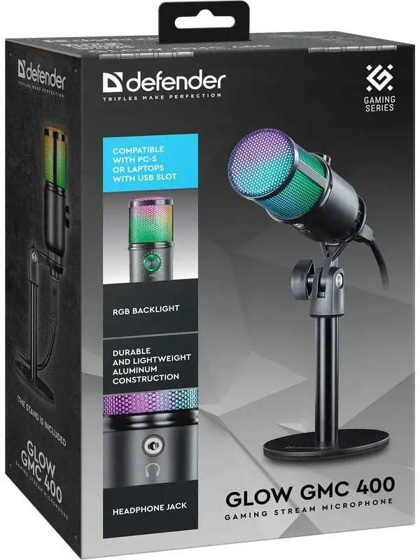 Defender GLOW GMC 400 laidinis mikrofonas su stovu STREAM srautinis RGB USB