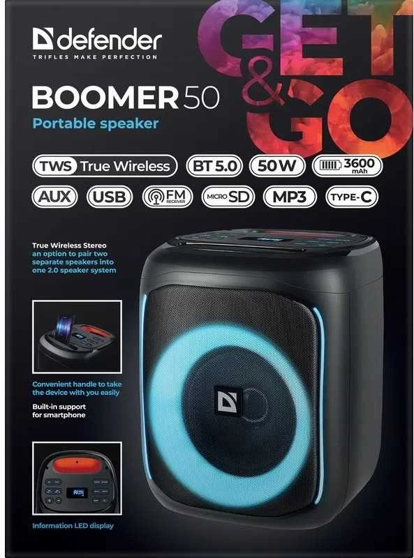 Kompiuterio kolonėlės Defender głośnik BOOMER 50, Li-Ion, 1.1, 50W, juoda, garsumo valdymas, pašvietimas LED, BT 5.0, TWS, 90Hz-20KHz