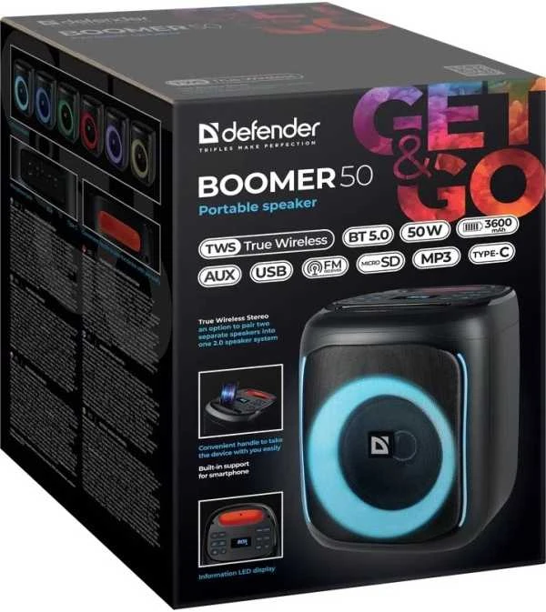 Defender głośnik BOOMER 50, Li-Ion, 1.1, 50W, juoda, garsumo valdymas, pašvietimas LED, BT 5.0, TWS, 90Hz-20KHz
