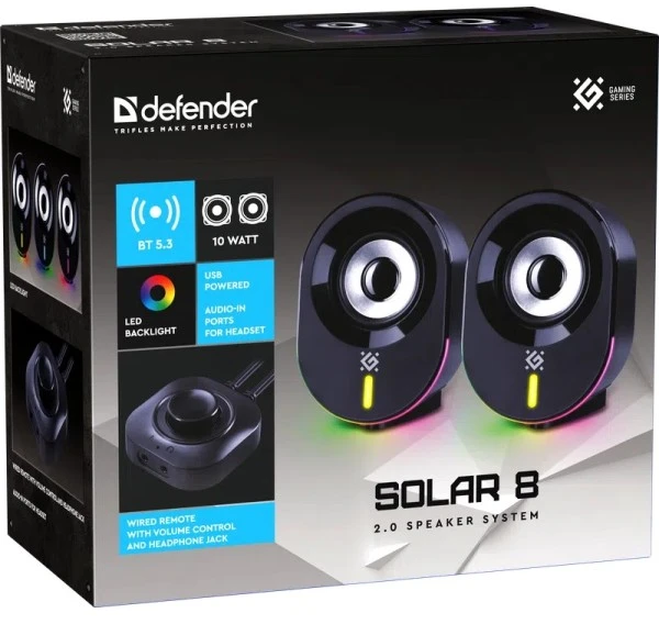 Kompiuterio kolonėlės Głośniki komputerowe Defender SOLAR 8 2.0 10 W Bluetooth USB pašvietimas RGB Otwarte opakowanie (65938)