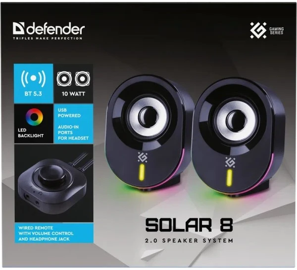 Kompiuterio kolonėlės Głośniki komputerowe Defender SOLAR 8 2.0 10 W Bluetooth USB pašvietimas RGB Otwarte opakowanie (65938)