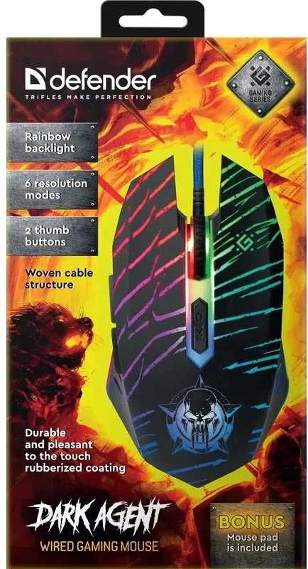 Pelė Myszka žaidimams Defender Dark Agent GM-590L su laidu 12800 dpi optinė juoda