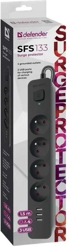Defender listwa SFS 133 4G+3xUSB 1.5m juoda