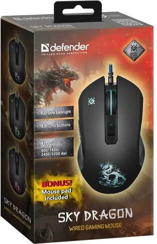 Pelė Myszka žaidimams Defender Sky Dragon GM-090L su laidu 3200 dpi optinė juoda