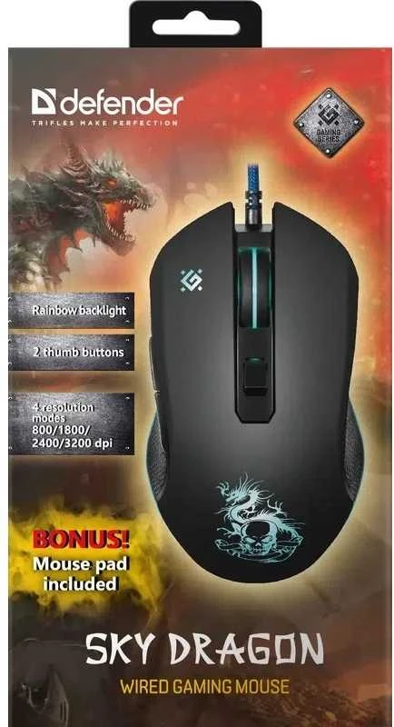 Pelė Myszka žaidimams Defender Sky Dragon GM-090L su laidu 3200 dpi optinė juoda