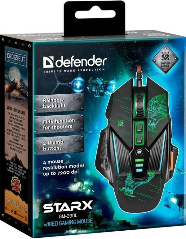 Pelė Myszka žaidimams Defender Starx GM-390L su laidu 7200 dpi optinė juoda