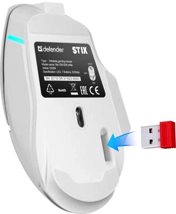 Belaidė pelė DEFENDER STIX GM-009 RF Baltas 3200dpi 7P