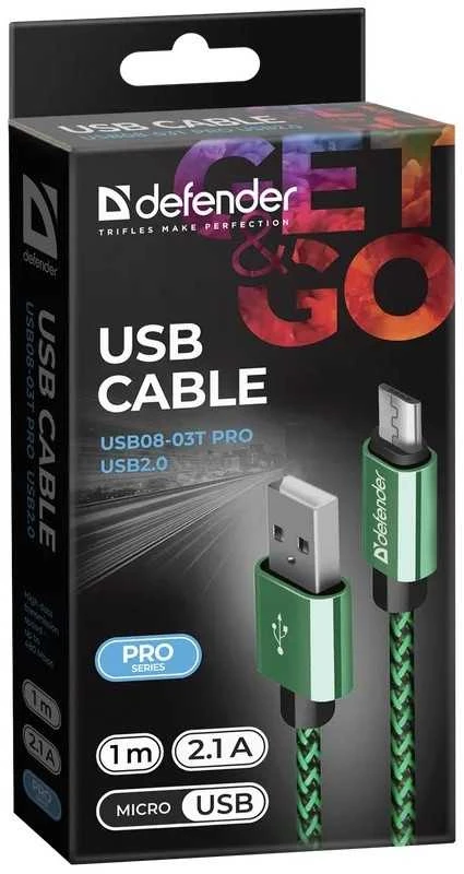 USB kabelis Defender USB-A - mikroUSB 1 m žaliasis (87804)