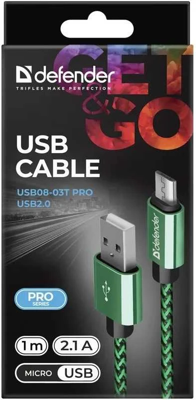 USB kabelis Defender USB-A - mikroUSB 1 m žaliasis (87804)