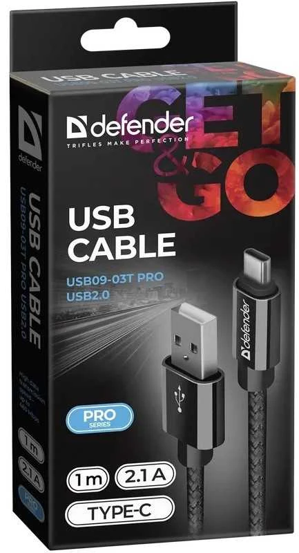 Defender USB AM-TYPE C 1,0m 2.1A Juodas