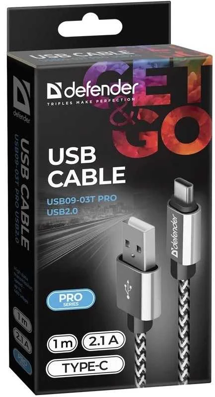 Defender USB AM-TYPE C 1,0m 2.1A Baltas