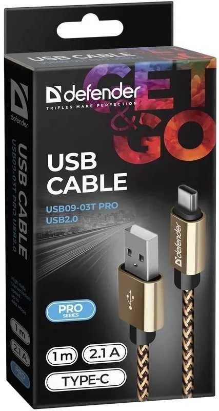 Defender USB AM-TYPE C 1,0m 2.1A Auksinis