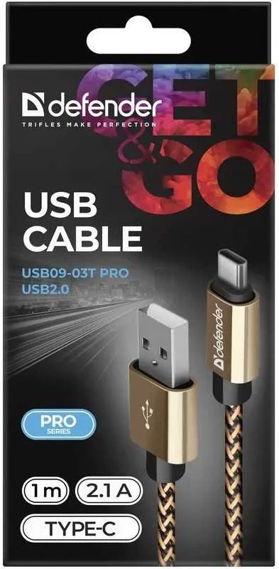 Defender USB AM-TYPE C 1,0m 2.1A Auksinis