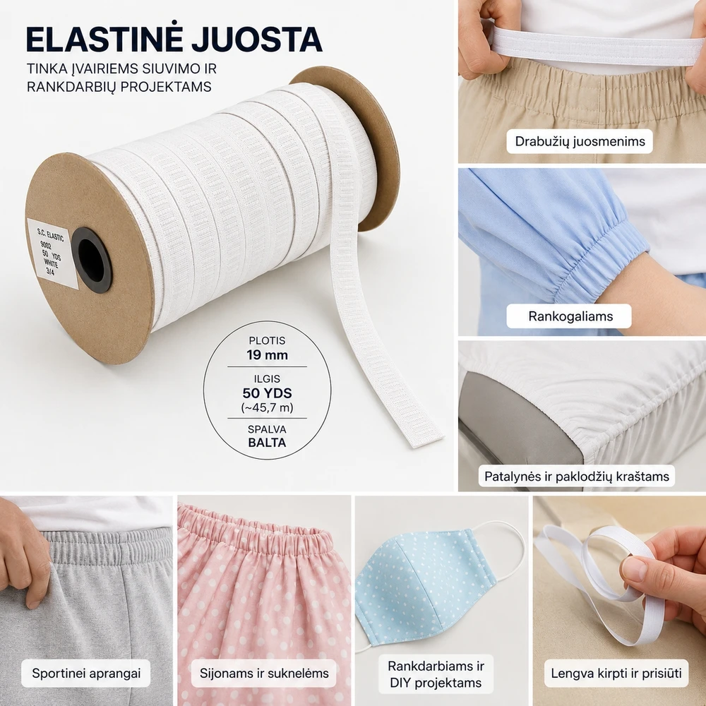 Elastinė juosta siuvimui 19 mm (45m) – balta