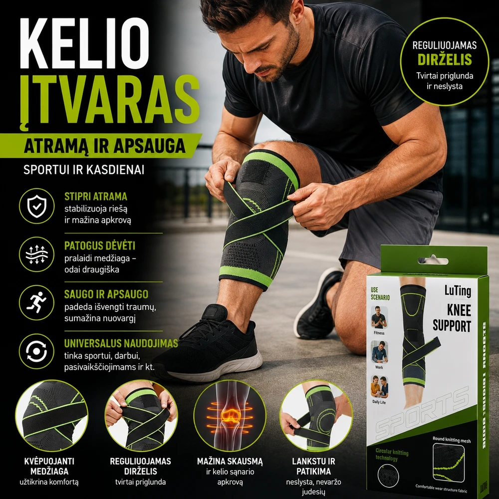 Kelio įtvaras su reguliuojamu dirželiu