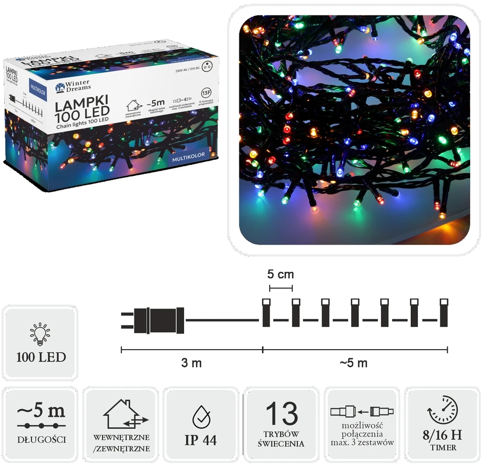 LED girlianda, 100 LED, 8 m, spalvota