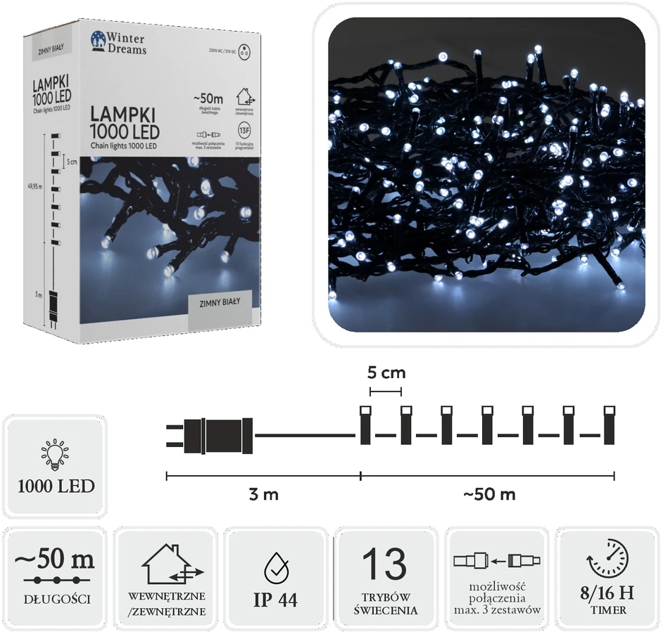 Extralink LED girlianda, 1000 LED, 53 m, šaltai balta