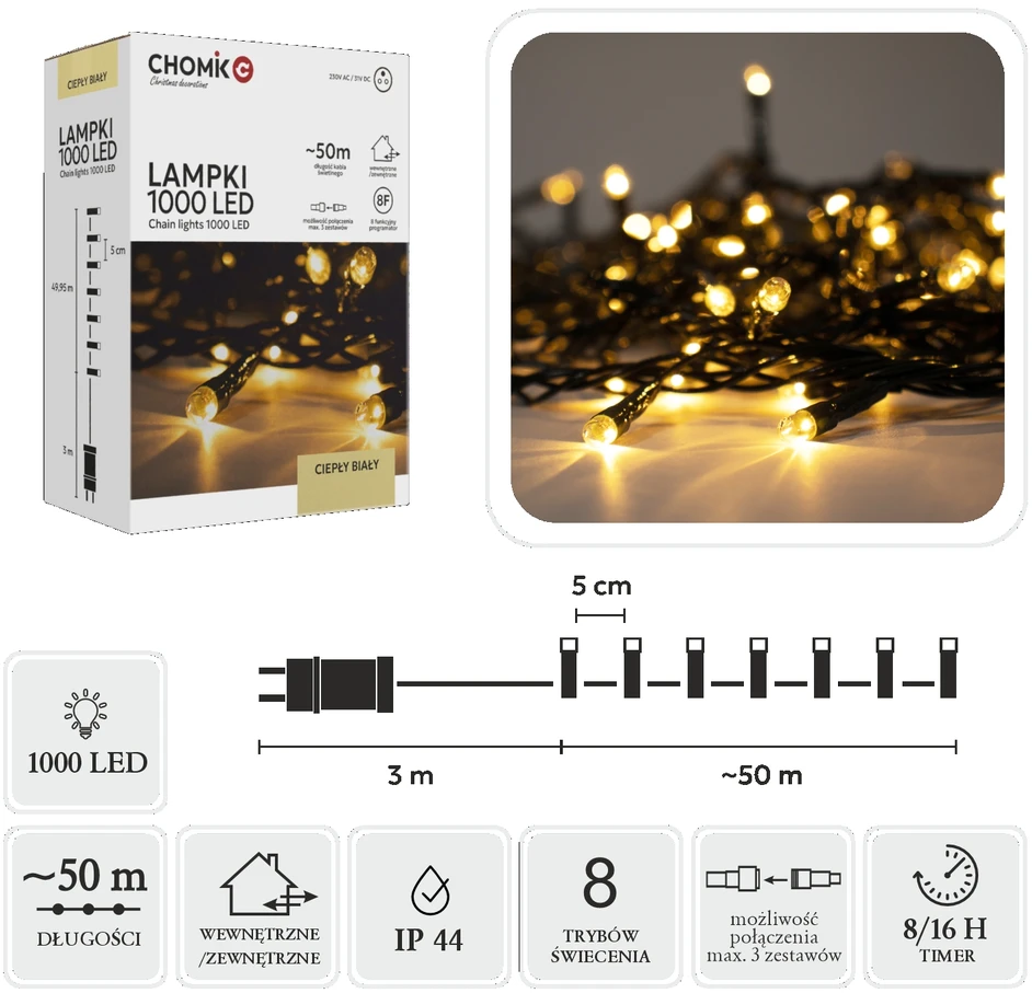 Extralink LED girlianda, 1000 LED, 53 m, šiltai balta