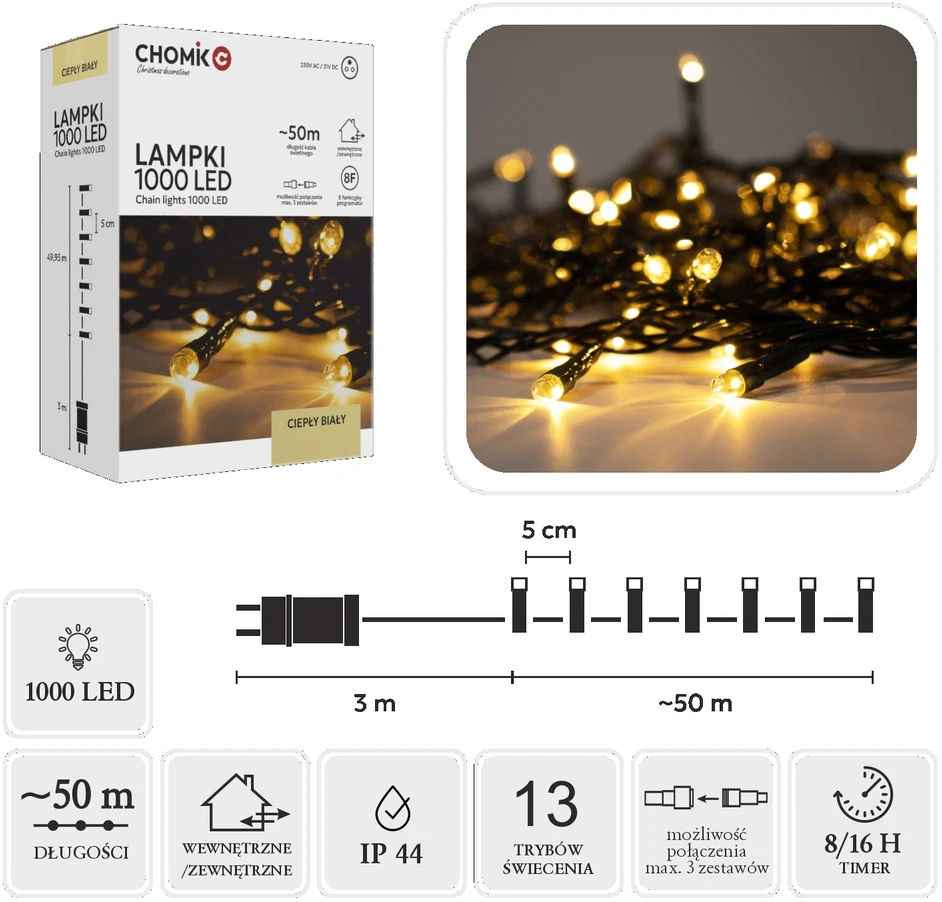 Extralink LED girlianda, 1000 LED, 53 m, šiltai balta